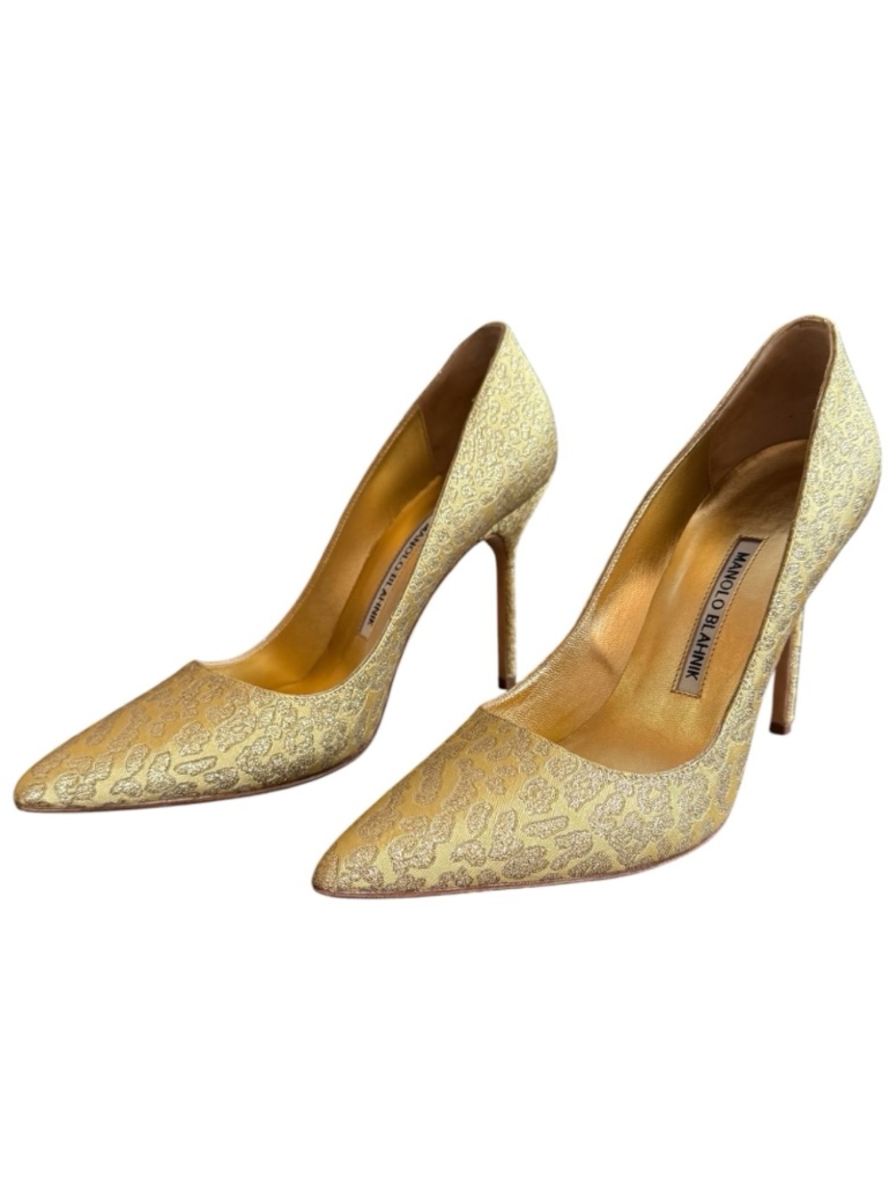 Manolo Blahnik BB 105 Gold Jacquard Metallic Stiletto Pumps EU 38.5 US 8.5